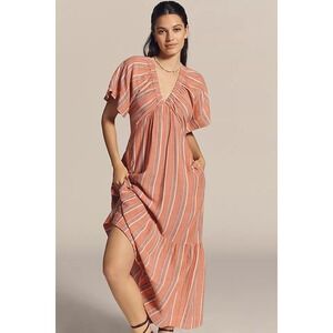 NWT Sundry Anthropologie Striped 100% Cotton Gauze V-Neck Midi Dress Women's XS